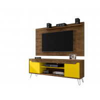 Manhattan Comfort 221-217BMC94 Baxter 62.99 Mid-Century Modern TV Stand and Liberty Panel with Media and Display Shelves in Rustic Brown and Yellow
